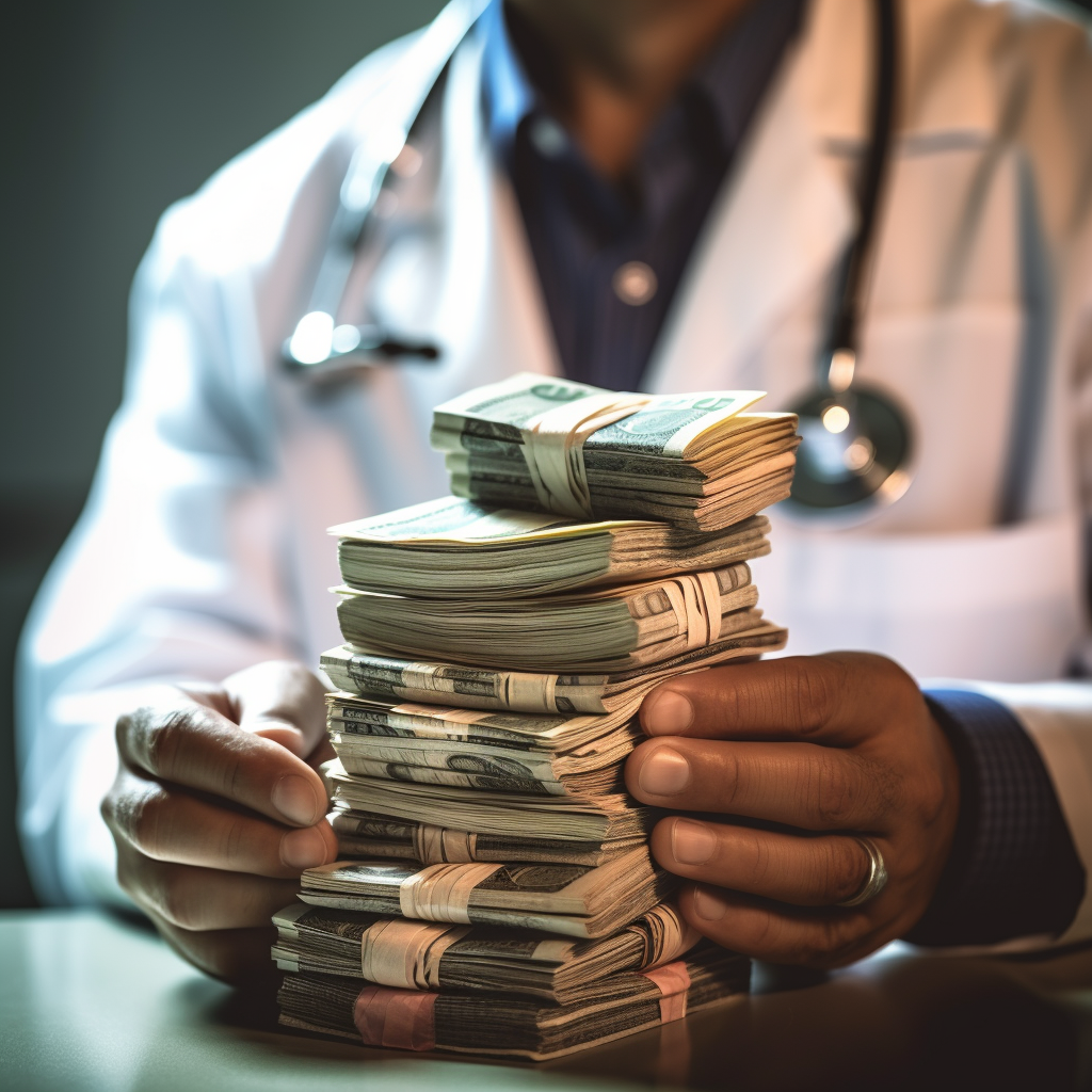 Doctors hands holding a stack of money