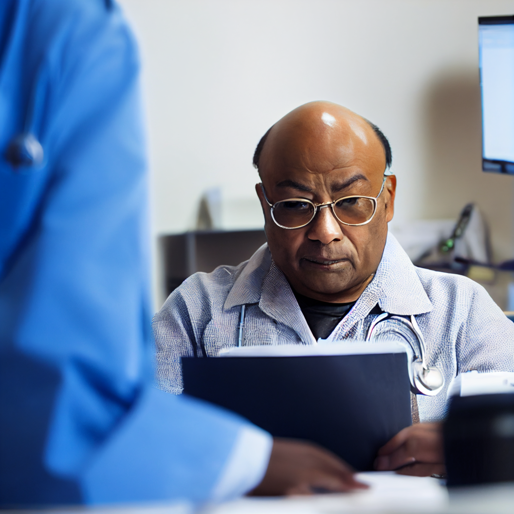 Male physician sitting at a desk in an Ontario medical office