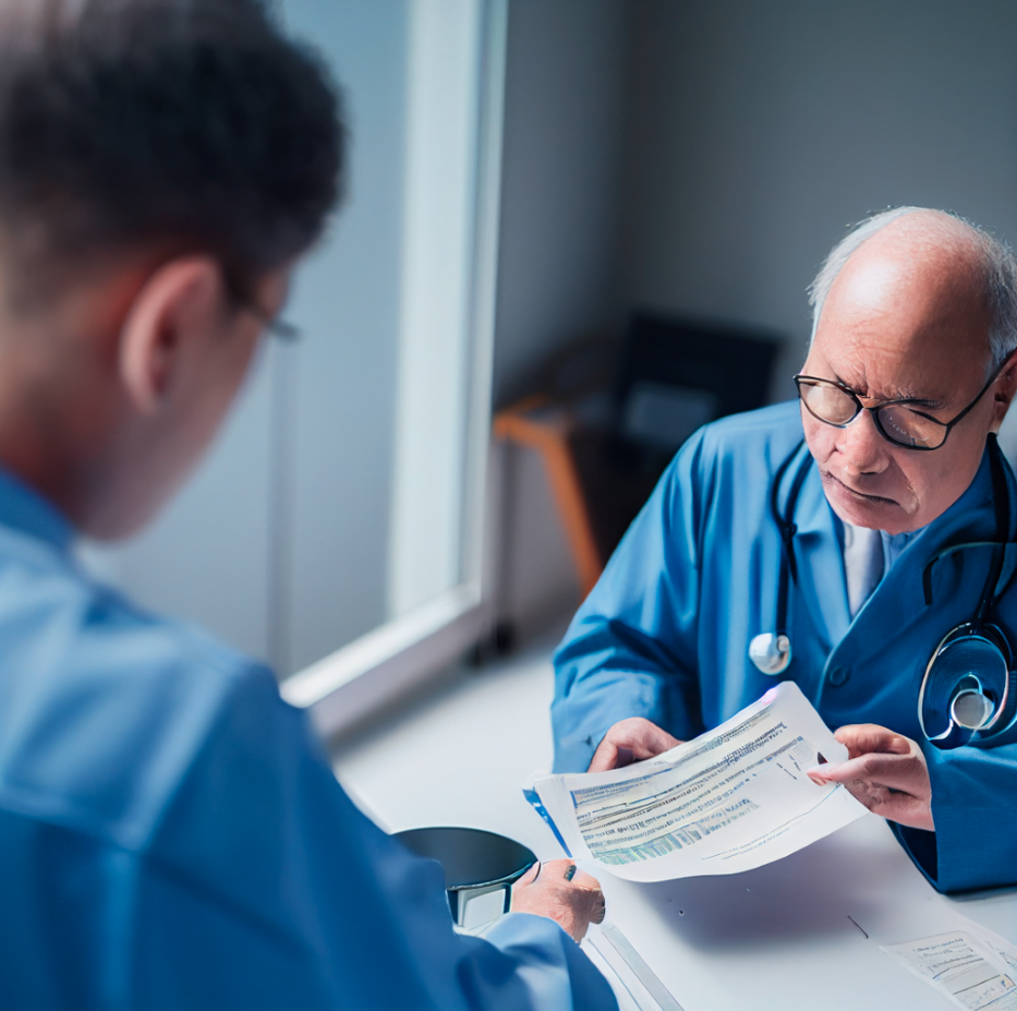 physician reviewing financial document